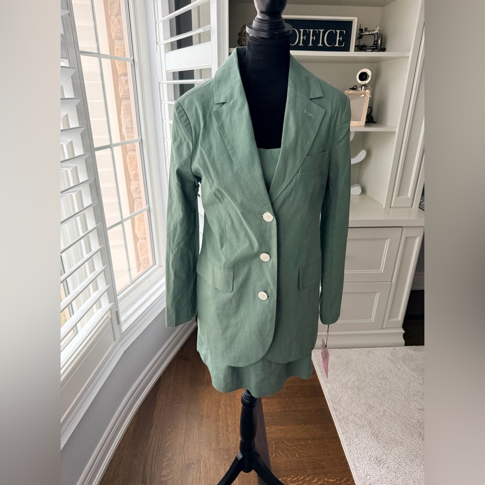 AVEC LES FILLES Sage Green Linen Matching Dress & Blazer Set 2 Pieces SZ XS NEW - Picture 14 of 15